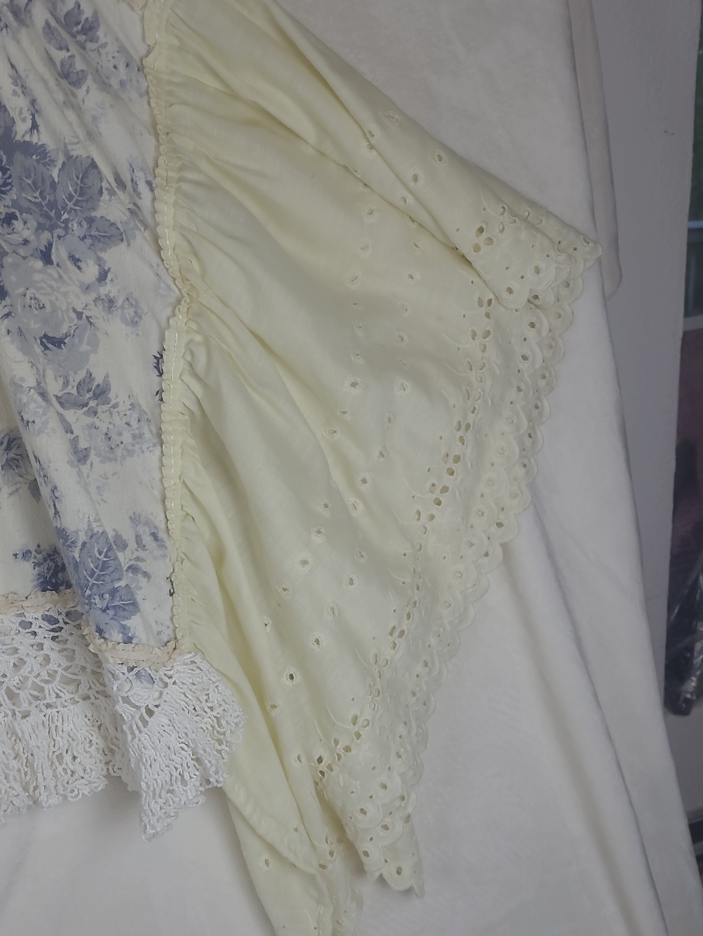 Cream and Blue Floral Eyelet Flutter Sleeve Blouse